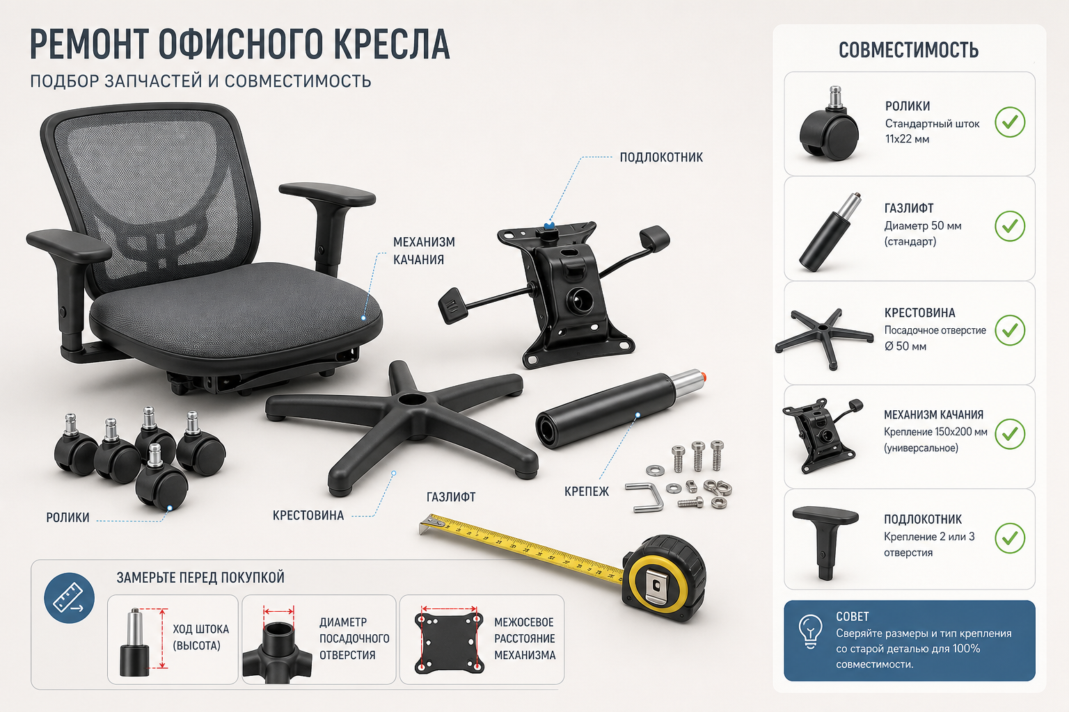 Как выбрать комплектующие для офисного кресла по типам поломок, совместимости и способу замены