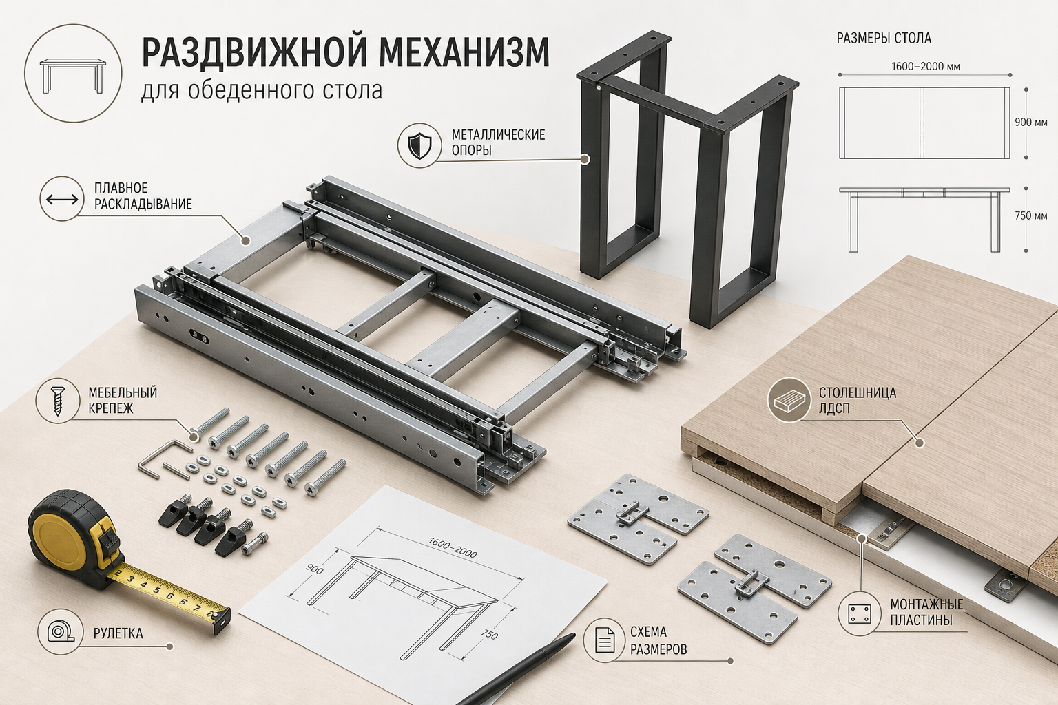 Как выбрать комплектующие для стола: раздвижные механизмы, опоры, крепеж и размеры