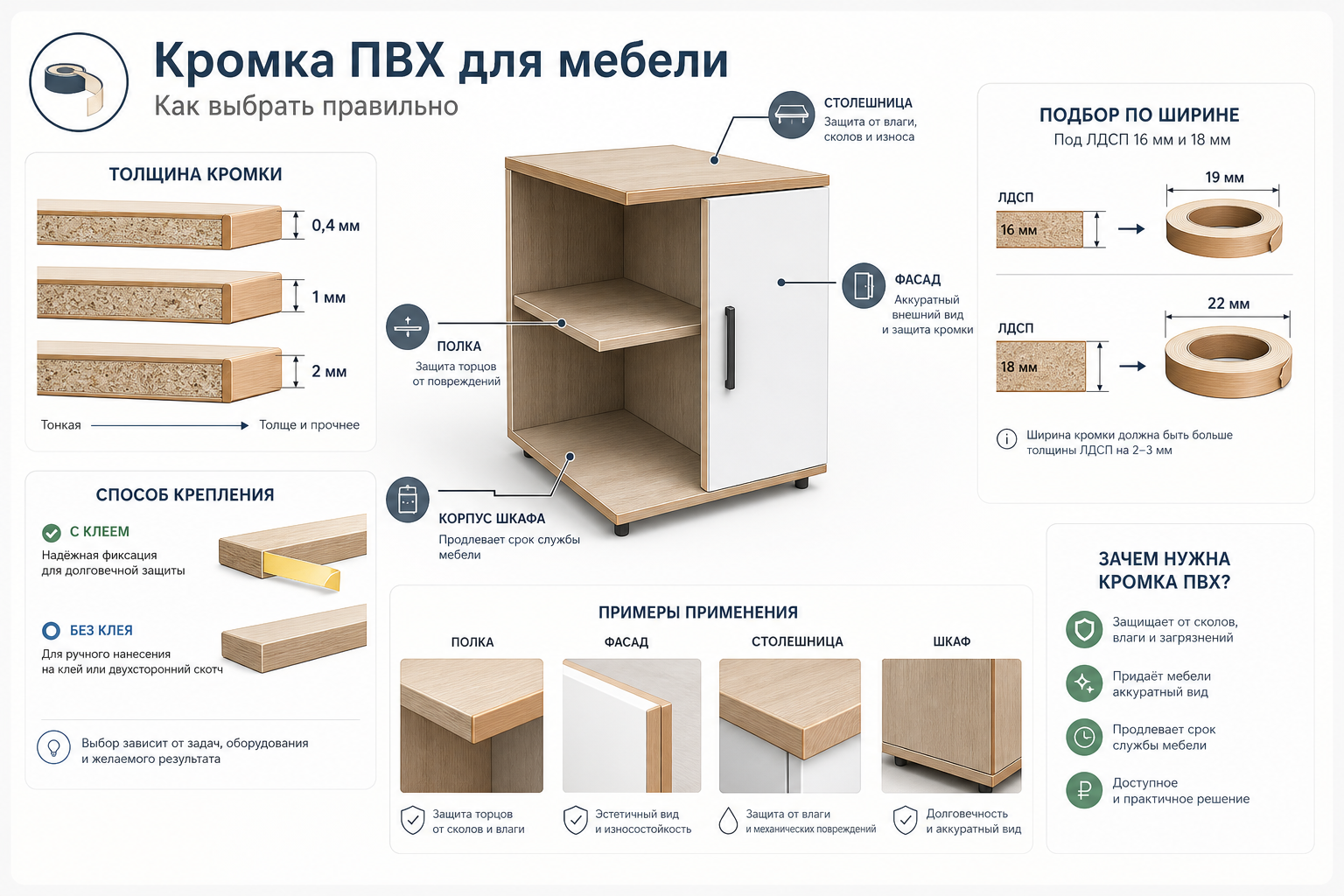 Как выбрать кромку ПВХ для мебели по толщине, ширине, клеевому слою и условиям эксплуатации