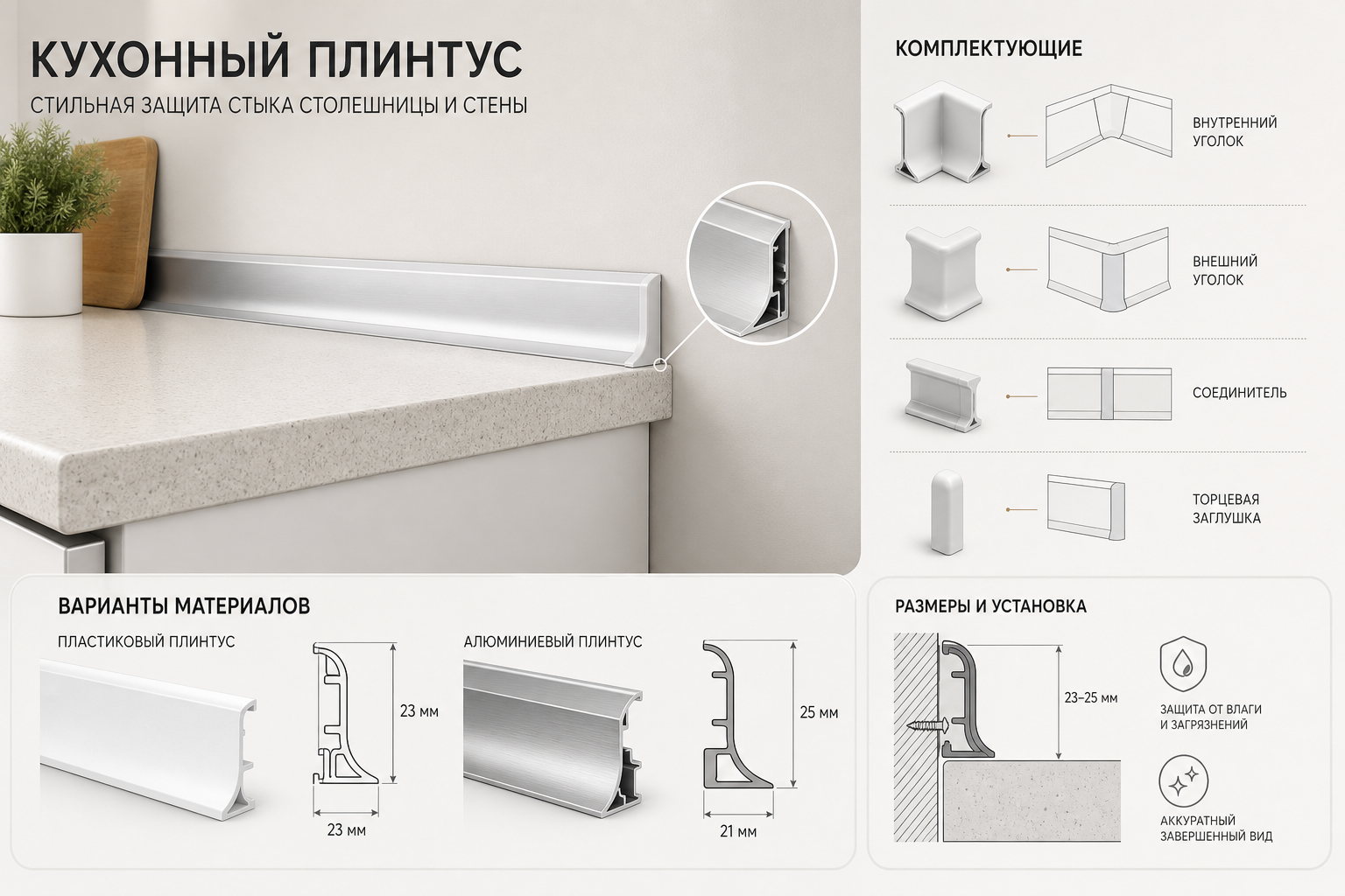 Как выбрать кухонный плинтус для столешницы по форме, материалу и комплектующим