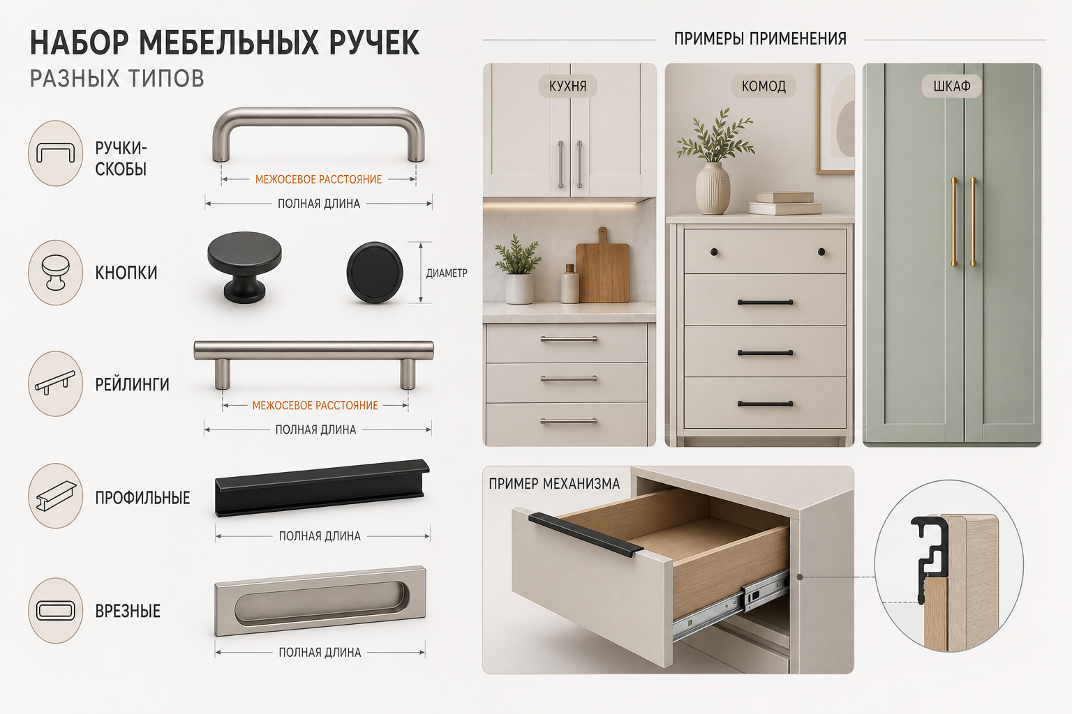 Как выбрать мебельные ручки по межосевому расстоянию, форме, материалу и стилю фасада