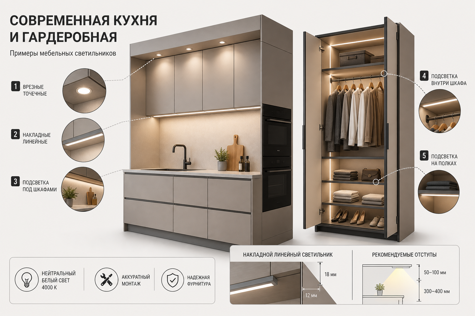 Как выбрать мебельные светильники для кухни, шкафа и рабочей зоны по типу монтажа, свету и питанию