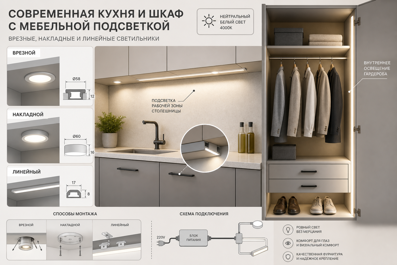 Как выбрать мебельные светильники по типу монтажа, яркости, цветовой температуре и зонам установки