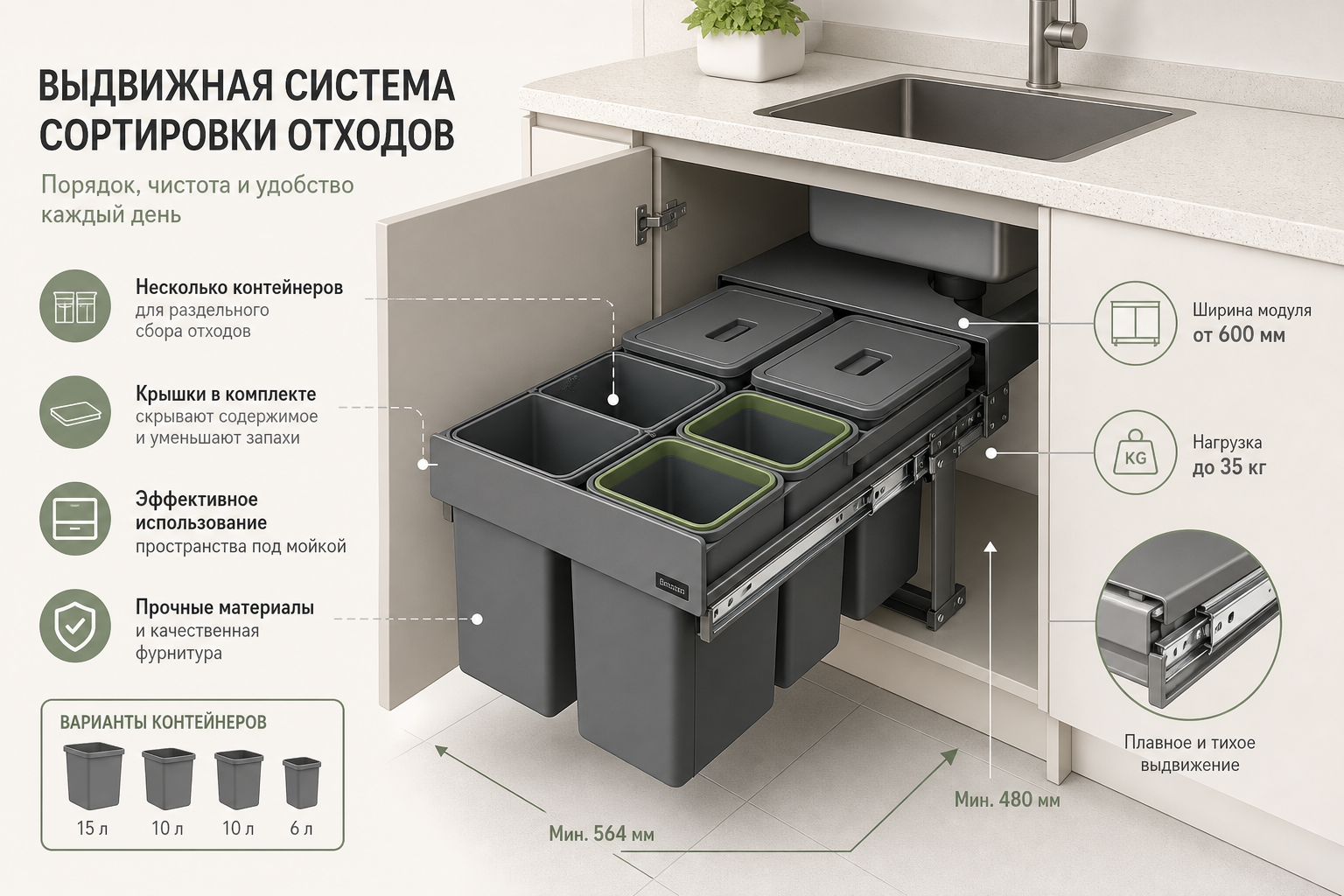 Как выбрать мусорные контейнеры и систему сортировки для кухни по объему, монтажу и количеству фракций