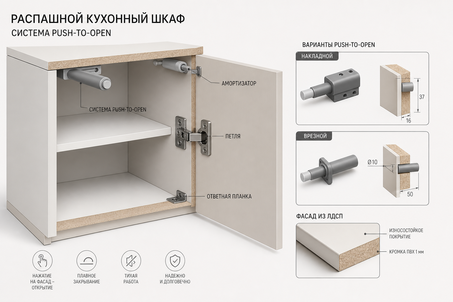 Как выбрать систему отталкивания или амортизатор для мебели по типу фасада, ходу и монтажу