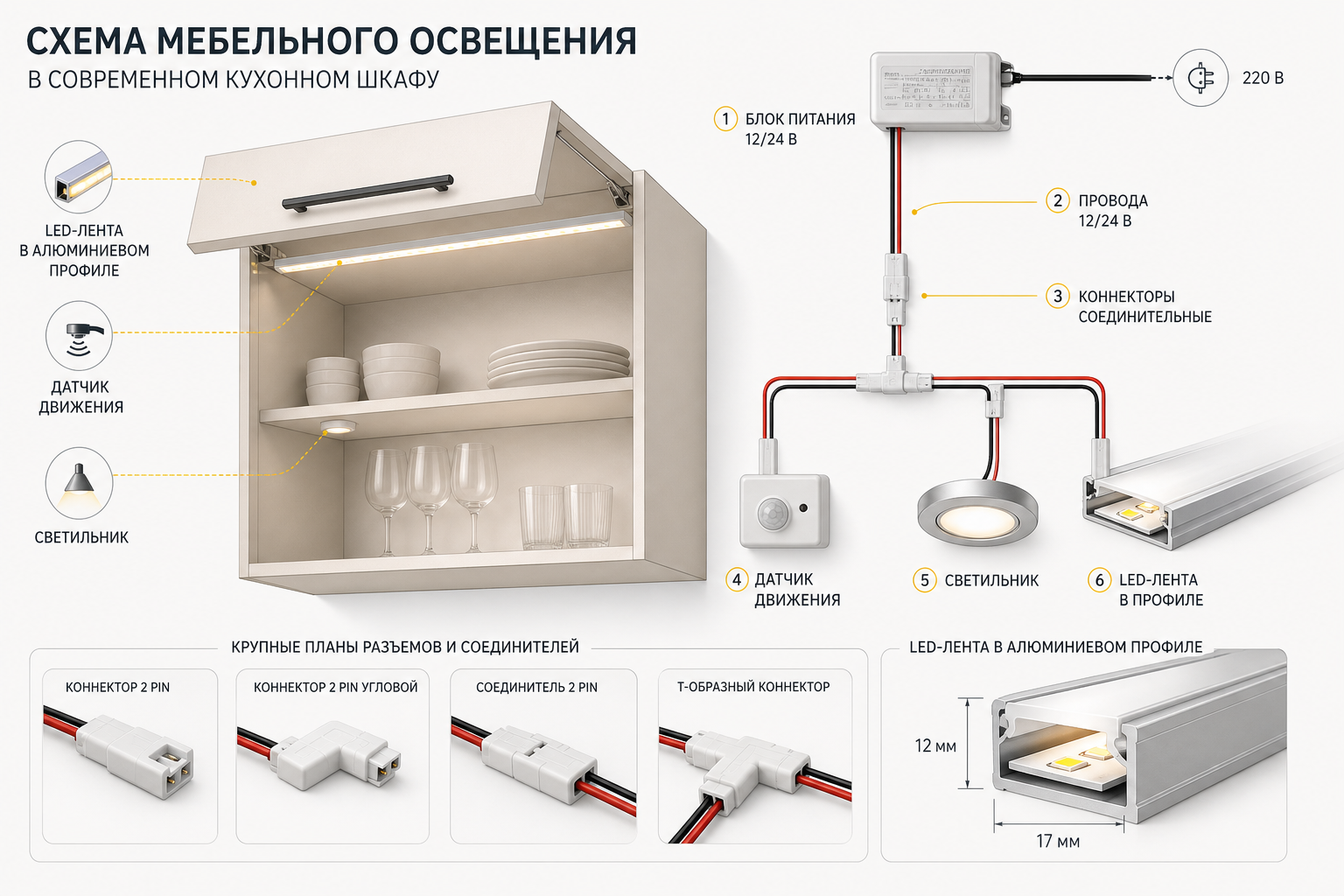 Как выбрать соединители и провода для мебельного освещения по напряжению, мощности и схеме подключения