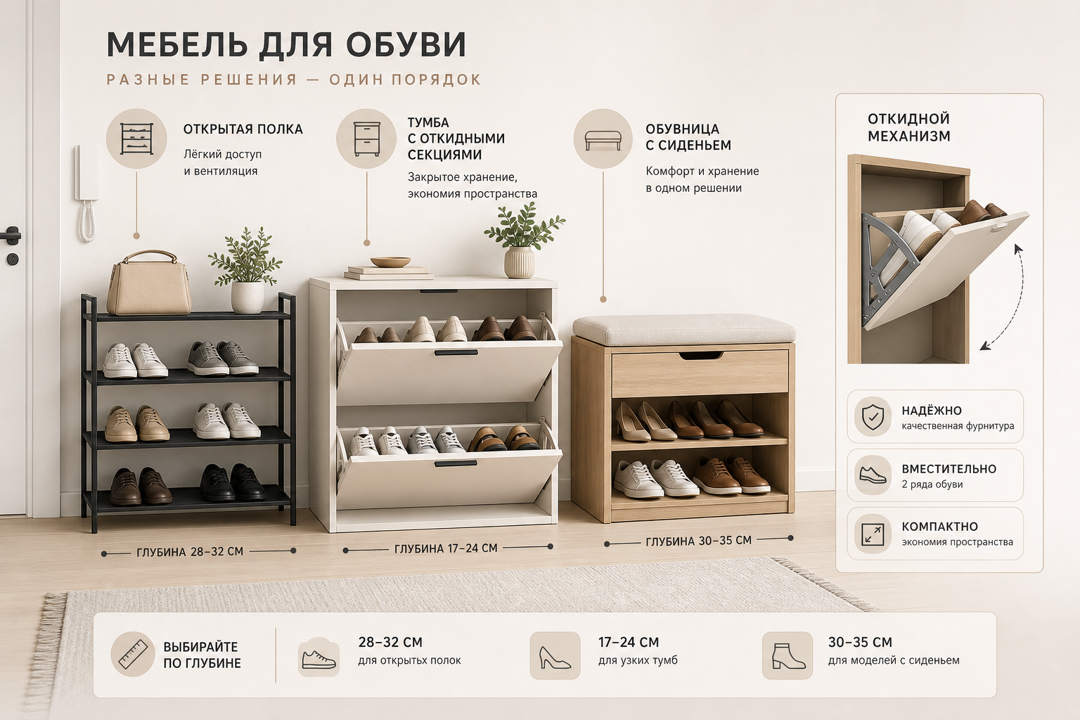 Как выбрать тумбу или полку для обуви по размеру прихожей, вместимости и типу хранения